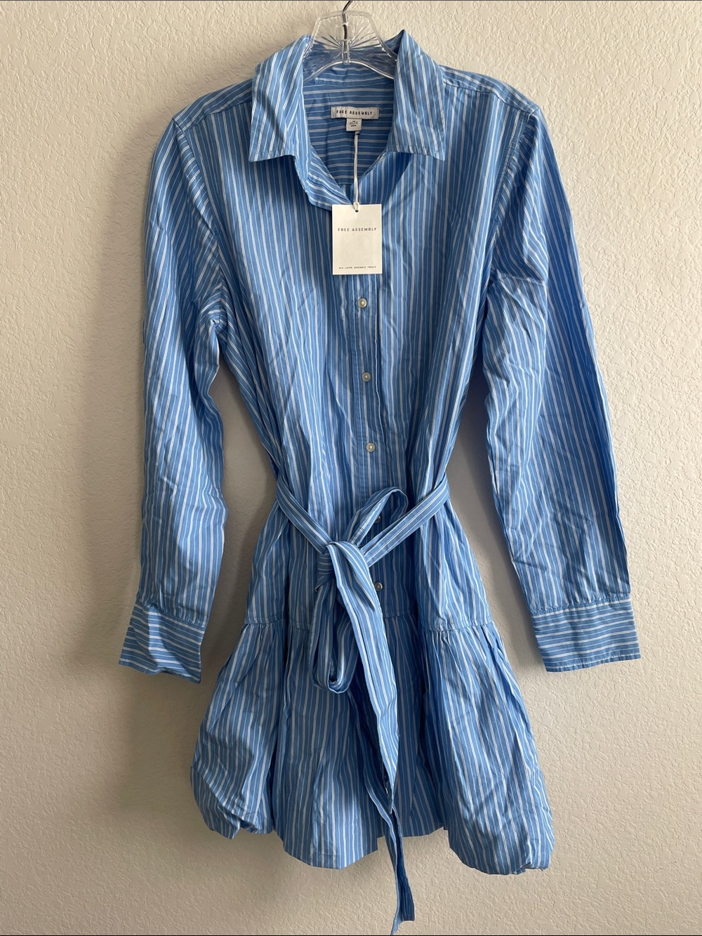 Free Assembly Blue Striped Long-Sleeve Shirt Dress with Waist Tie Medium NWT